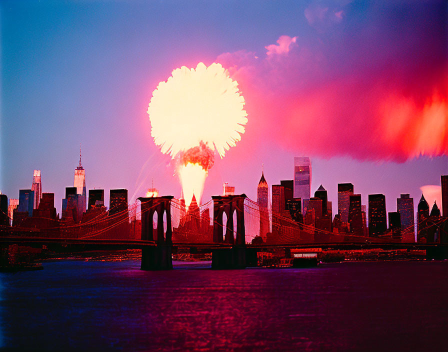 Colorful fireworks illuminate Brooklyn Bridge and NYC skyline at twilight