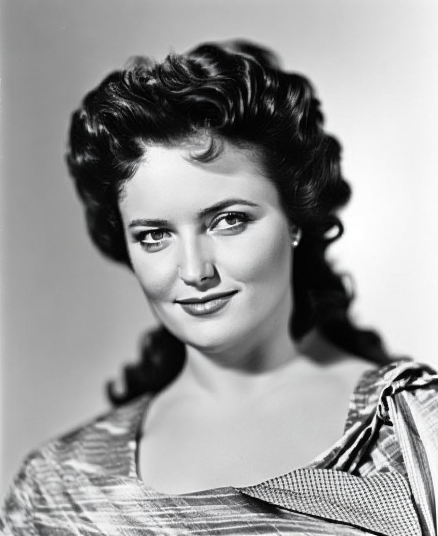 Monochrome portrait: woman with wavy hair, striped dress