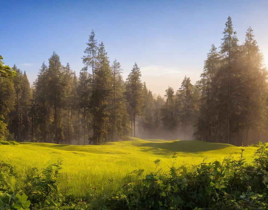 Tranquil forest landscape with tall trees and misty morning light