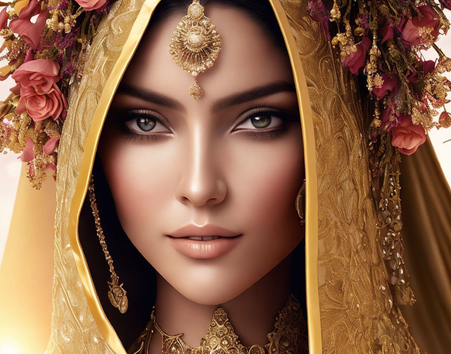 Traditional woman with golden headscarf and jewelry under floral arch