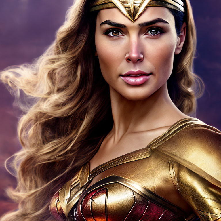 Golden-armored woman with tiara and intense gaze in wavy hair.