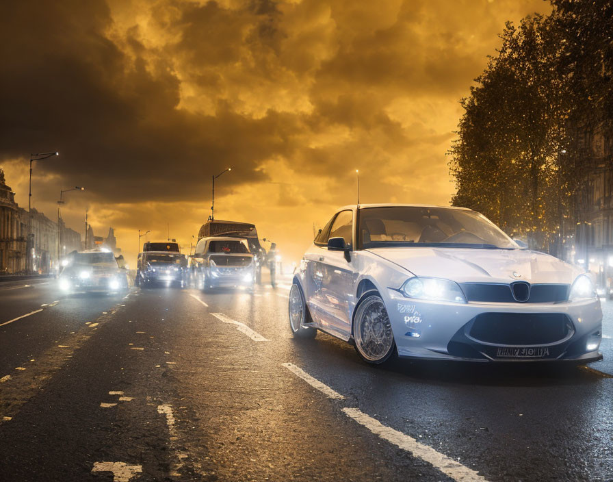 Silver Car Parked on Misty Street at Dusk with Approaching Headlights and Dramatic Sky