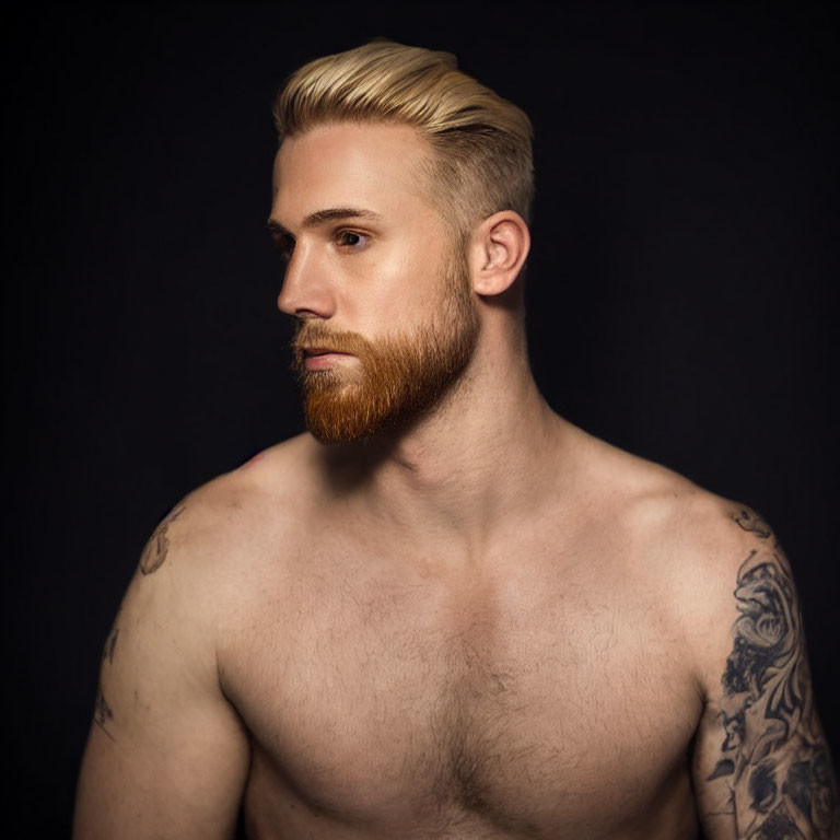 Styled blond man with beard and tattoo on left arm against black backdrop