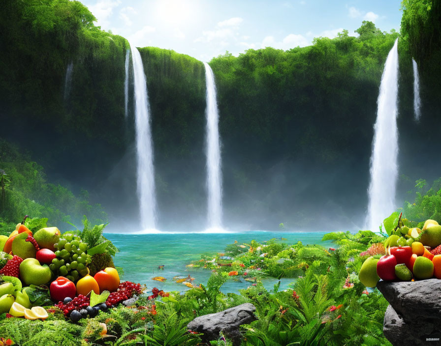 Tropical landscape with twin waterfalls and vibrant fruits