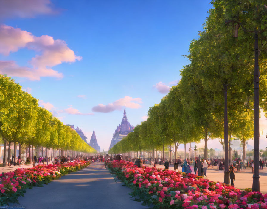 Scenic tree-lined promenade with vibrant flowers and iconic building in the distance