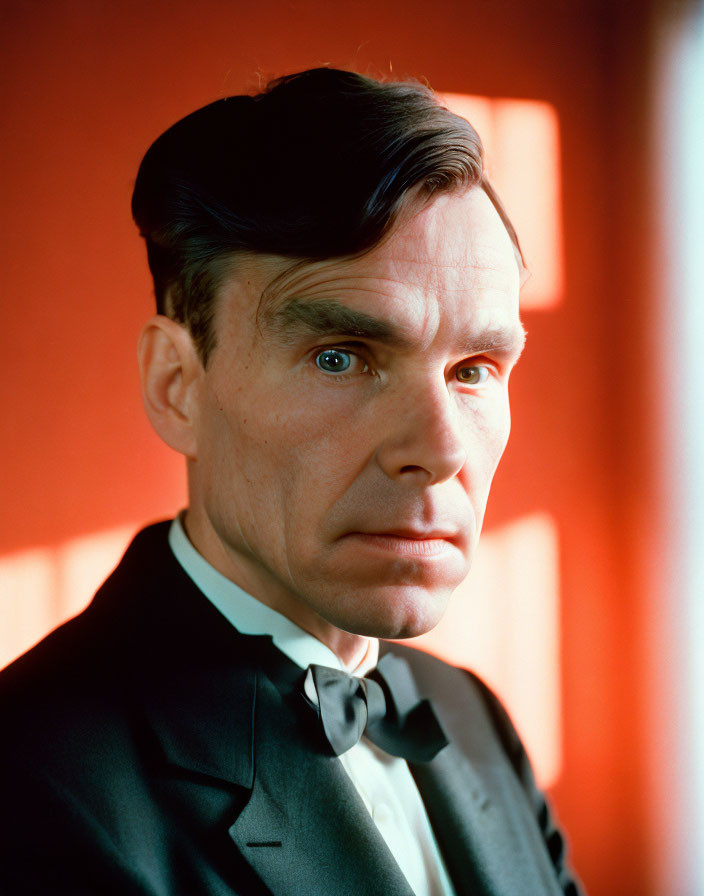 Man in Black Tuxedo with Bow Tie and Slick Hair against Red Backdrop