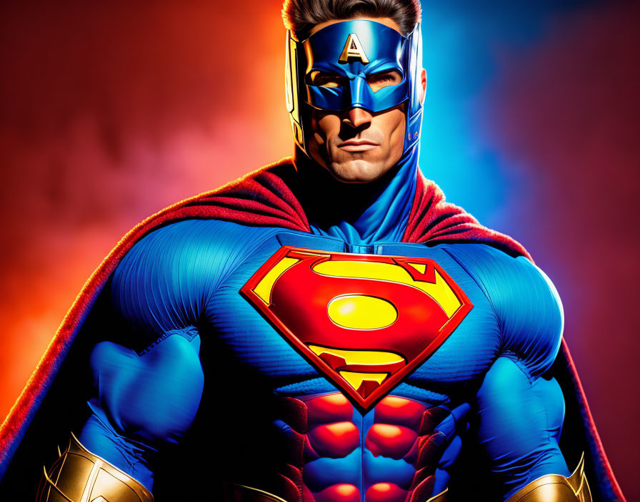 Superhero in Blue Suit with Red Cape and 'S' Emblem on Chest