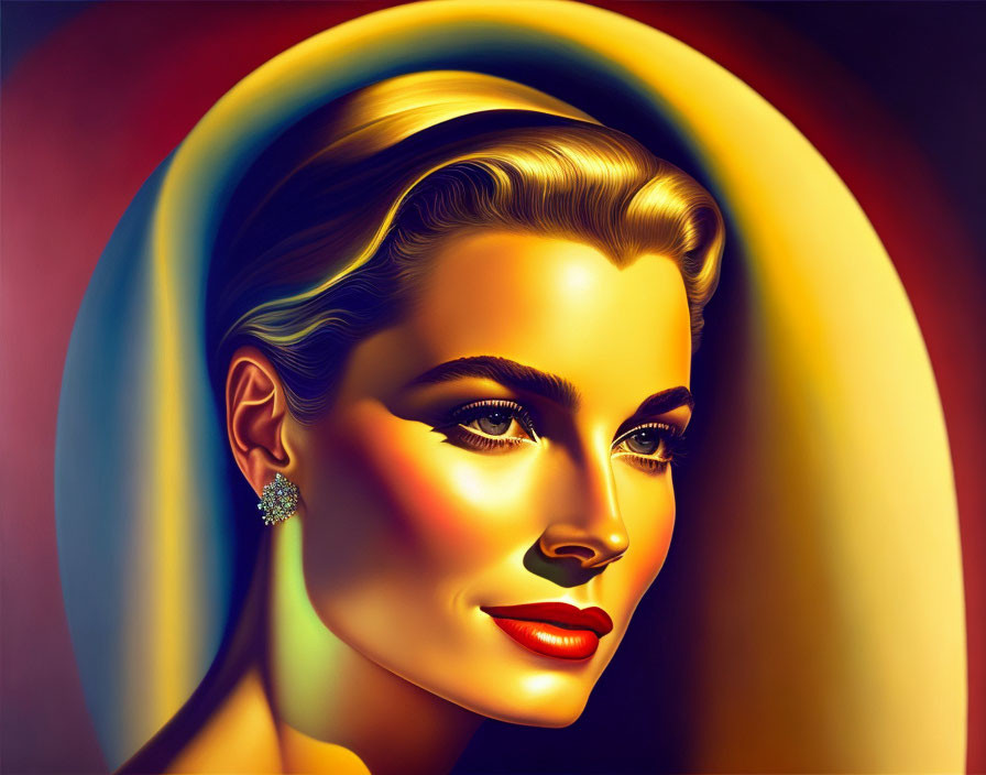 Vintage-inspired Woman Illustration with Glowing Halo and Vibrant Lipstick