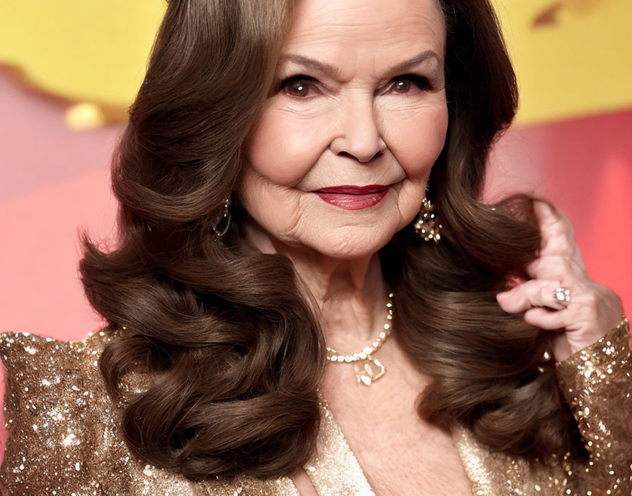 Stylish elderly lady in gold sequined attire with red lipstick poses confidently