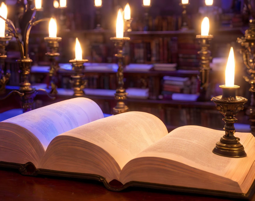 Glowing Pages of Open Book by Candlelight