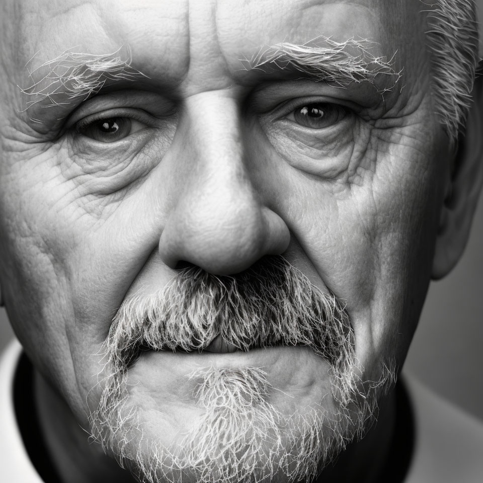 Monochrome close-up portrait of stern older man with bushy eyebrows