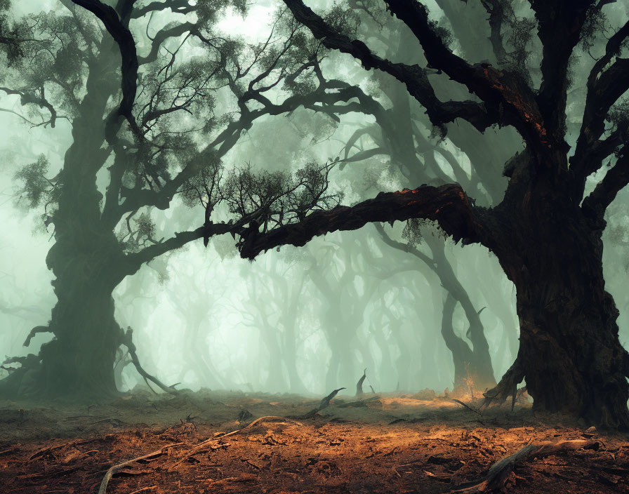 Ethereal forest scene with ancient trees and misty ground