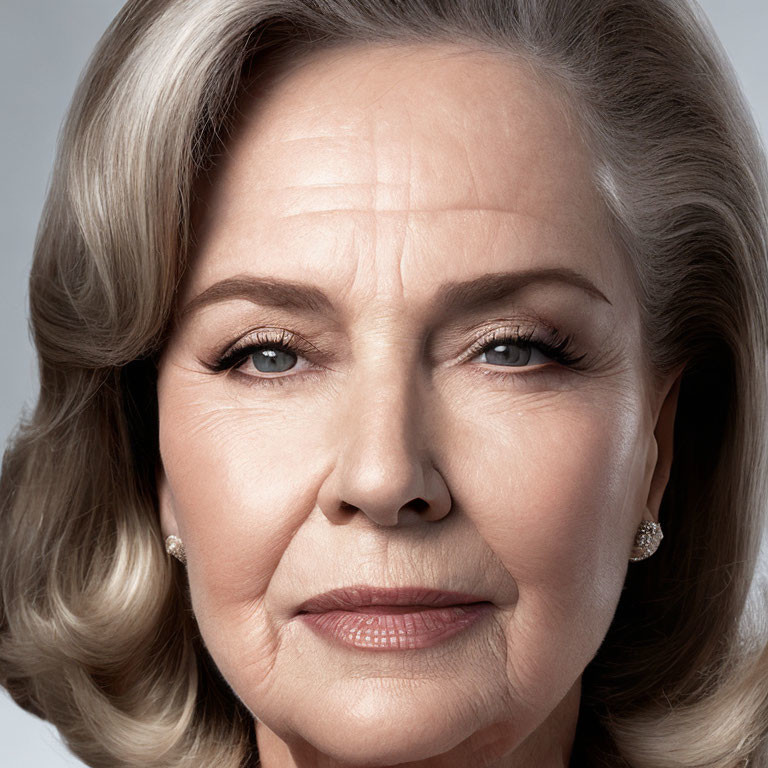 Elderly woman with styled hair and makeup wearing earrings