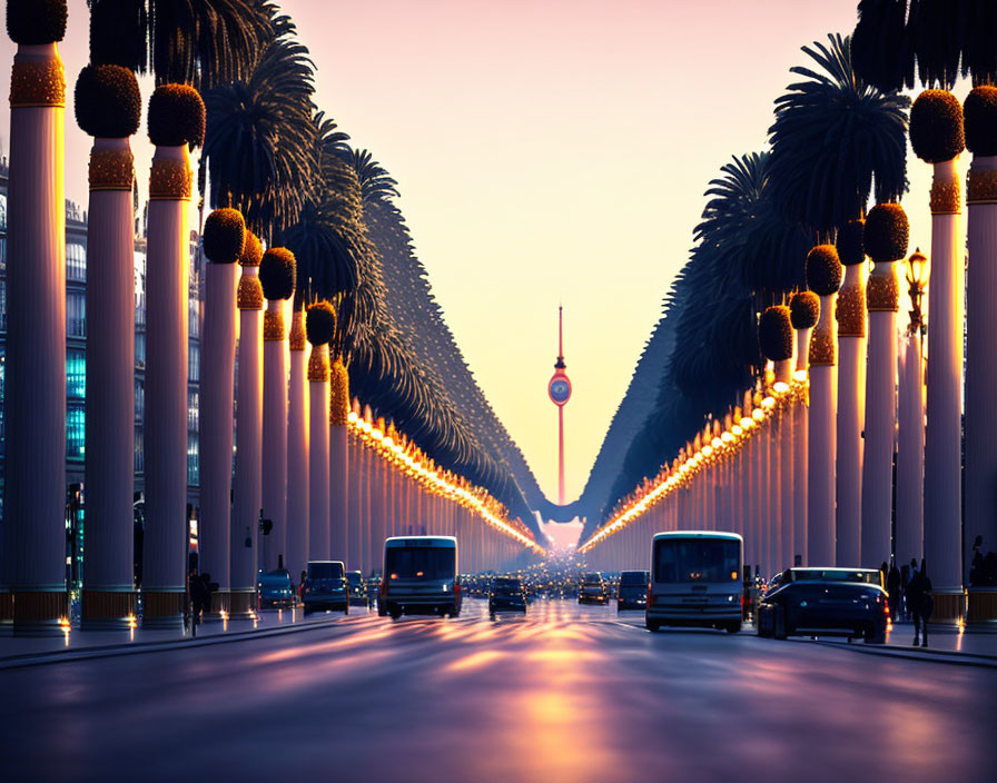 Symmetric tree-lined boulevard at dusk with tower in horizon and traffic.