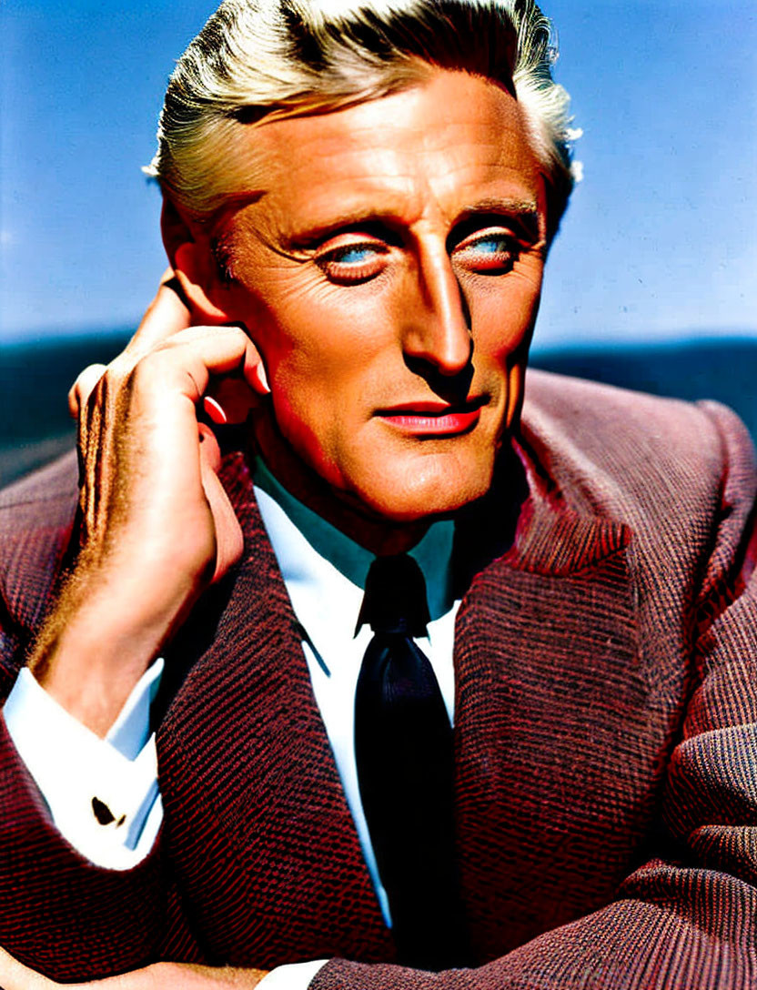 Grey-Haired Man in Brown Suit and Black Tie Against Blue Sky