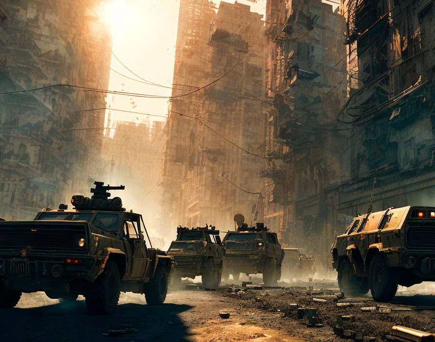 Dystopian city street with futuristic military vehicles