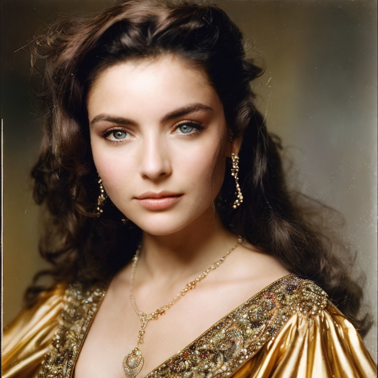 Portrait of Woman with Striking Blue Eyes and Golden Attire