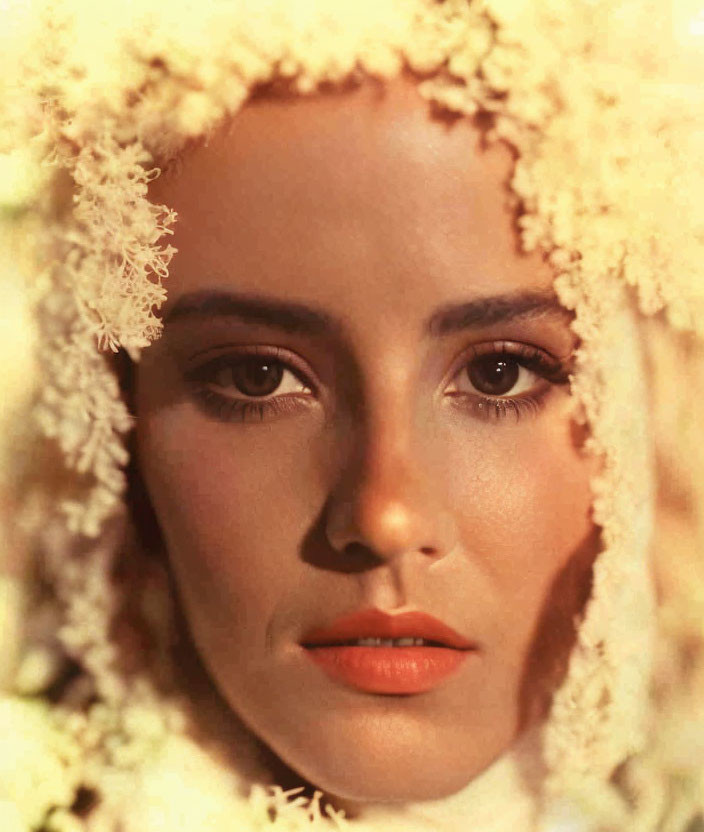 Close-Up Portrait of Woman with Floral Head Adornment and Contemplative Gaze