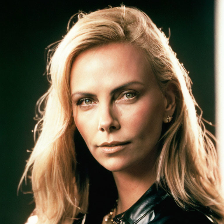 Blonde woman in black leather outfit against dark background