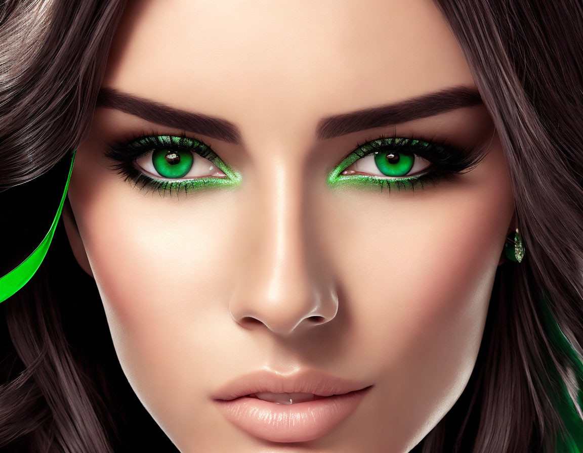 Close-up portrait of woman with striking green eyes and vibrant eyeshadow