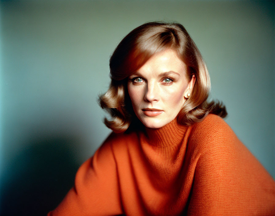 Woman with Short Wavy Hair in Orange Turtleneck Sweater Portrait