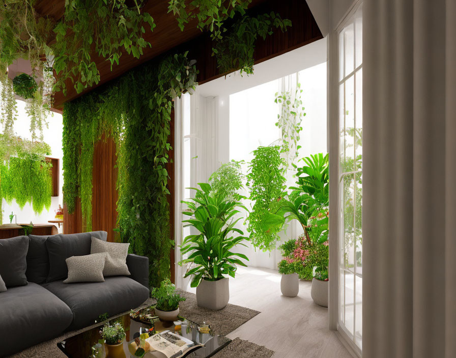 Contemporary Living Room with Greenery, Gray Sofa, and Wooden Accents