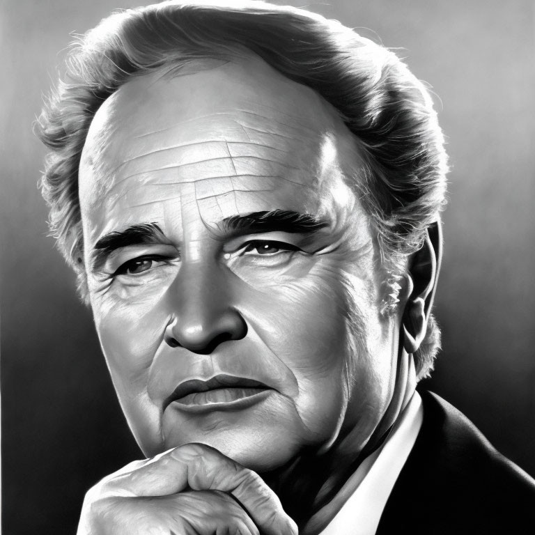 Monochrome portrait of mature man in suit and tie with combed-back hair