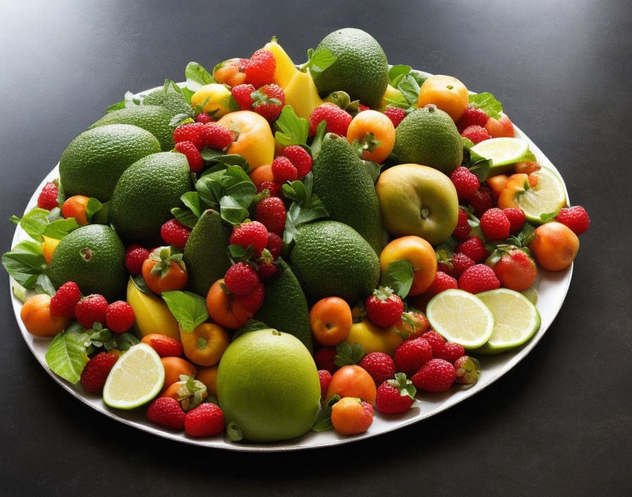 Assorted Fresh Fruits Plate on Dark Background