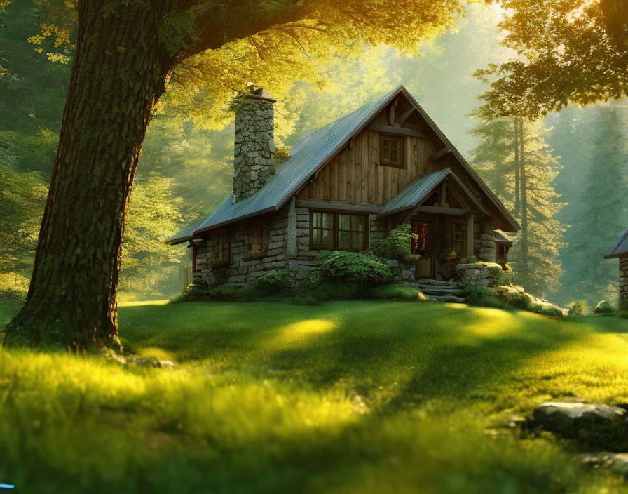 Stone Cottage Surrounded by Greenery and Sunlight