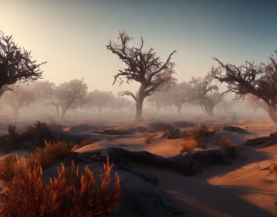 Desert landscape with sunlight through leafless trees