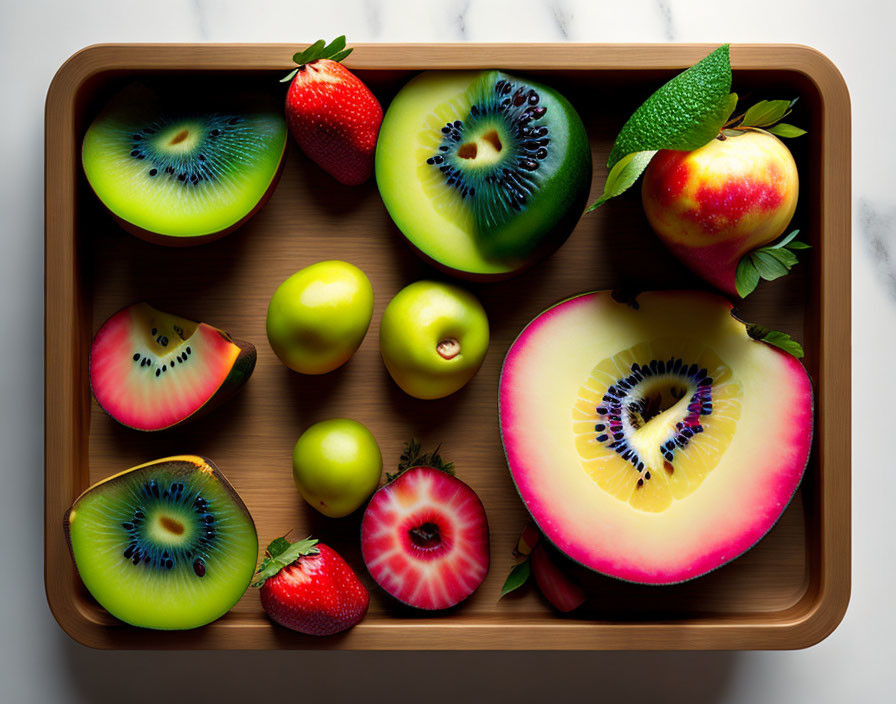 Colorful Cut Fruits - Kiwi, Strawberries, Apples on Wooden Tray