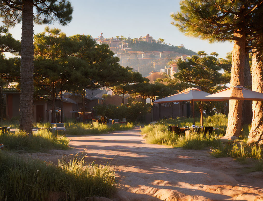 Sunlit Pathway with Trees and Umbrellas Leading to Golden Hour Villa