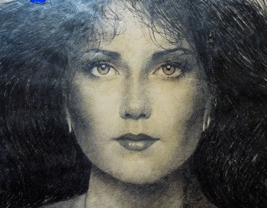 Detailed sketch of woman with intense eyes, full lips, & curly hair