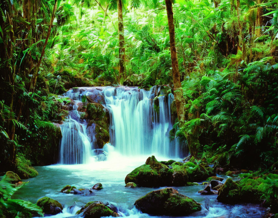 Tranquil waterfall in lush green forest