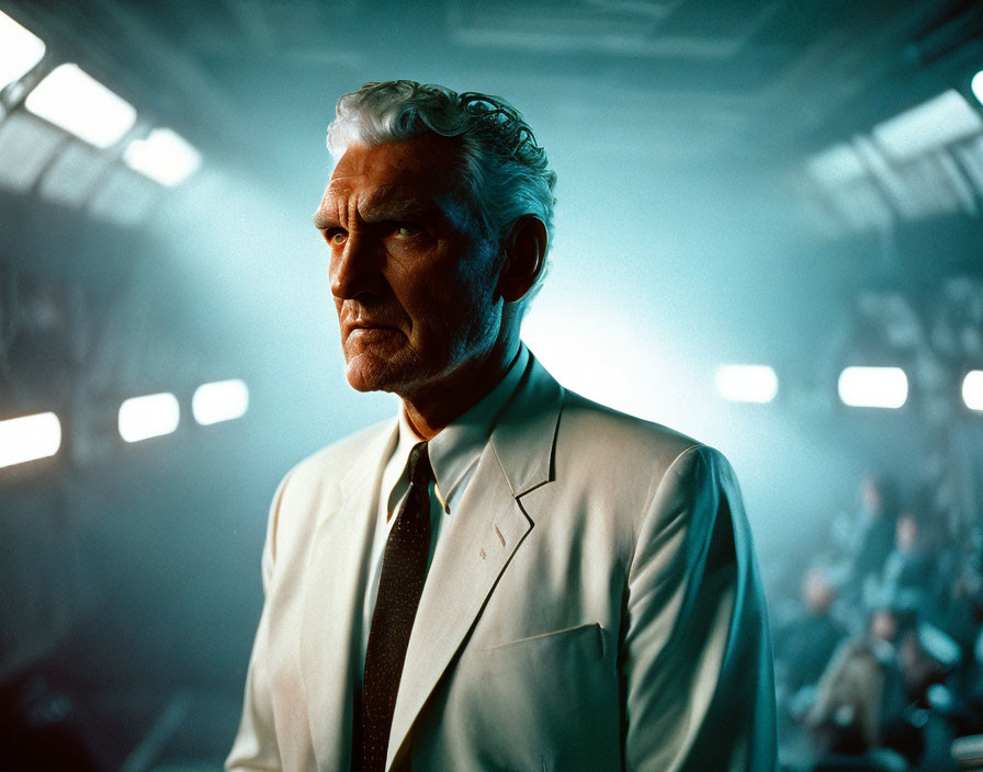 Elderly man in white suit, looking pensive in dimly lit room