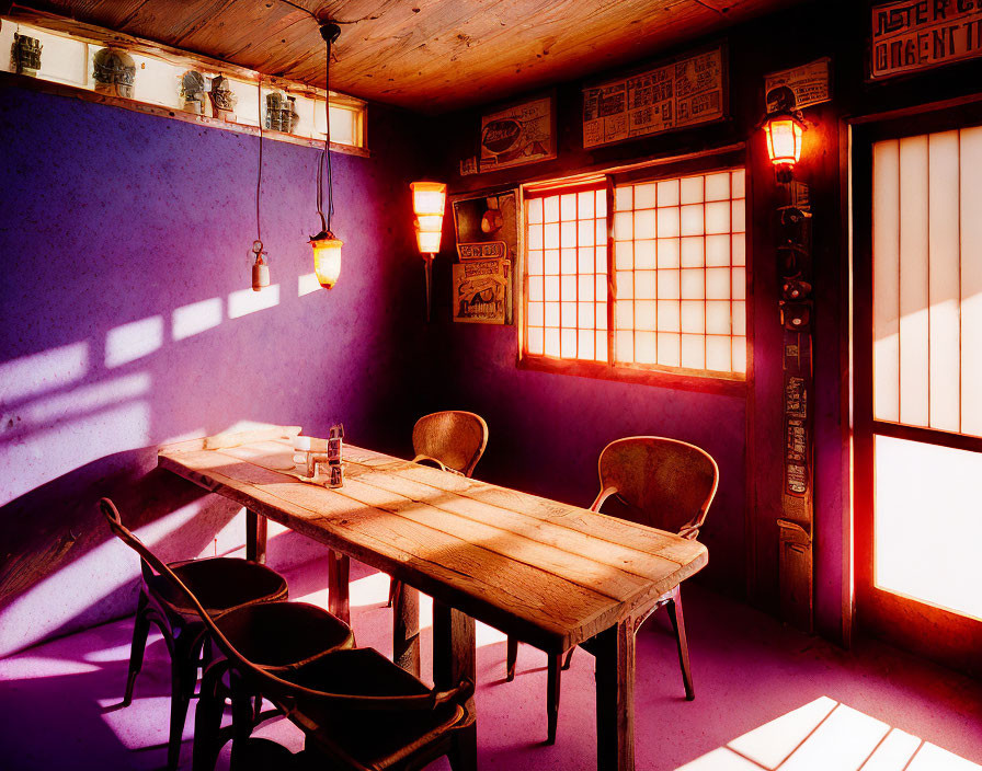 Purple-Walled Room with Vintage Decor and Warm Lighting