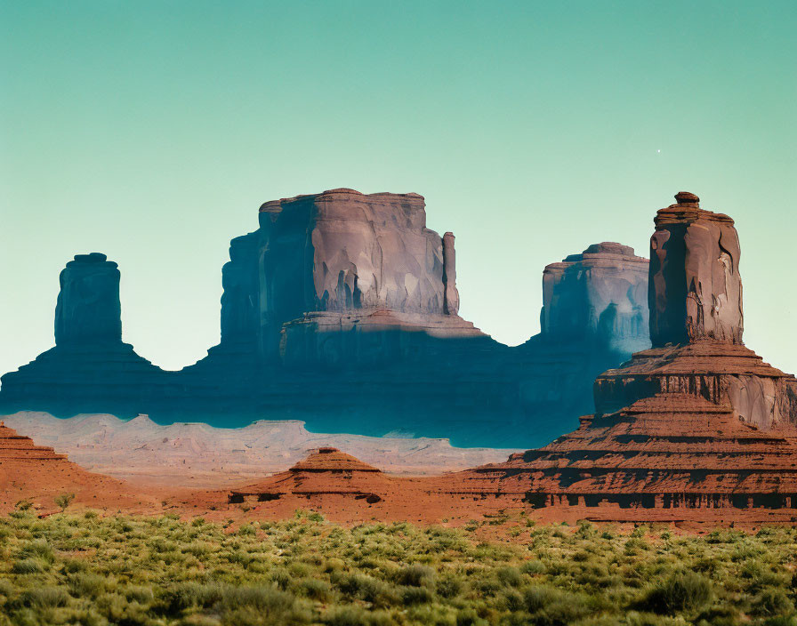 Tranquil desert landscape with red sandstone buttes under blue sky