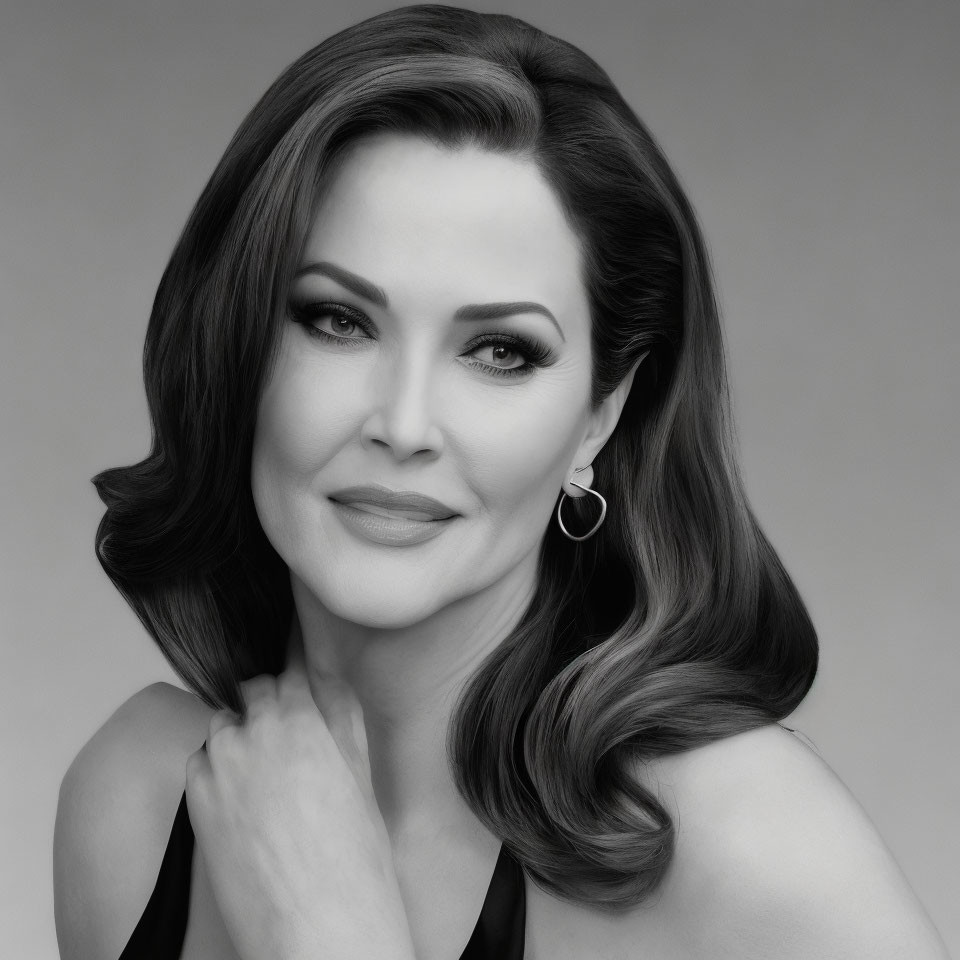 Monochrome portrait of smiling woman with dark hair and hoop earrings