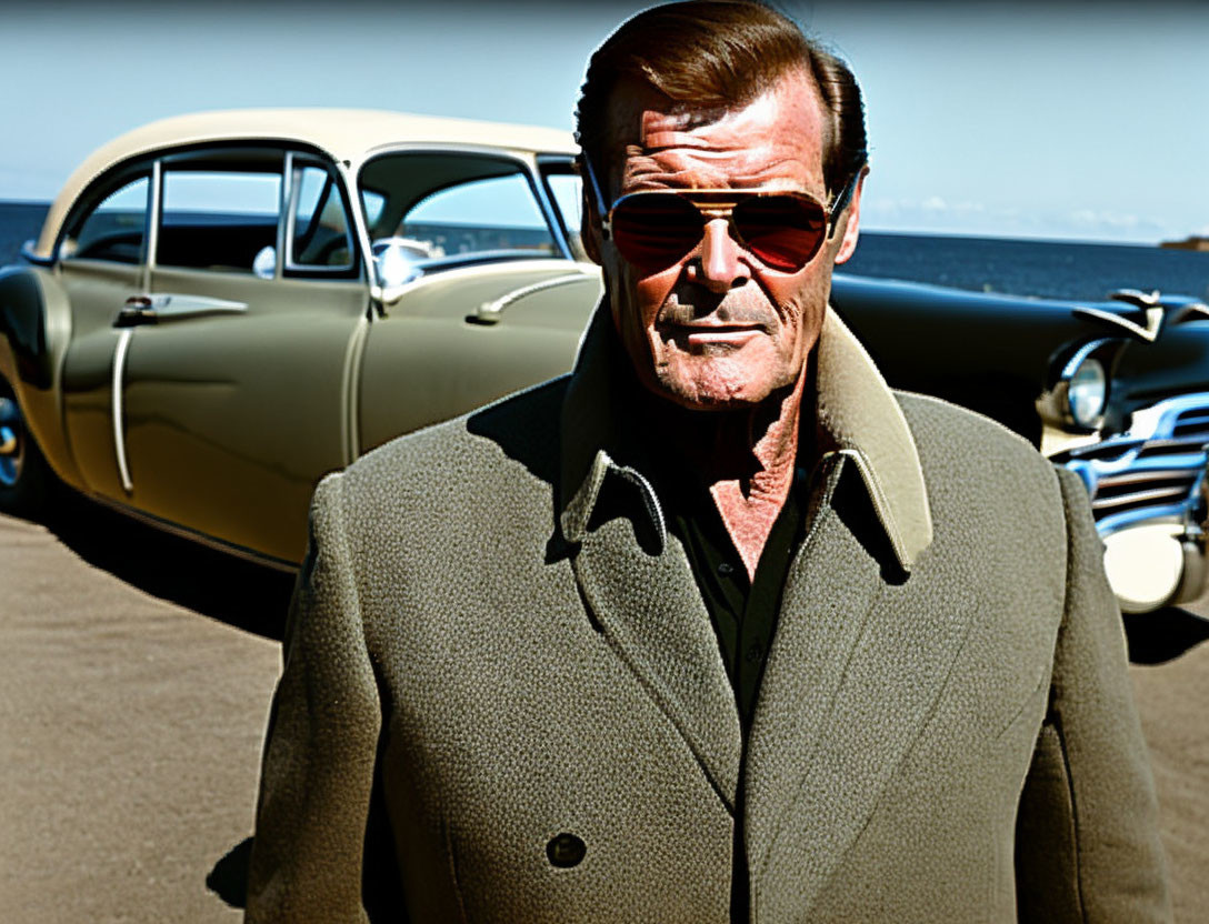 Man in sunglasses and coat with classic car on sunny day