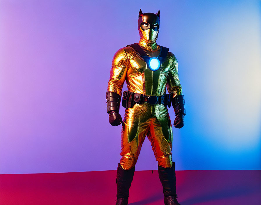 Shiny gold superhero suit with blue emblem on pink and blue gradient background