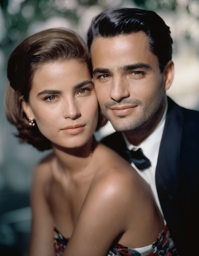 Couple in formal attire, woman with short hair and strapless dress, man in black tux