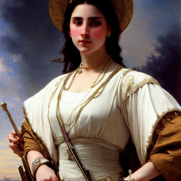 Woman in straw hat with staff, cloudy sky backdrop