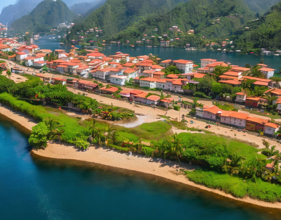 Scenic coastal town with red-roofed buildings, green hills, blue river, sandy peninsula.