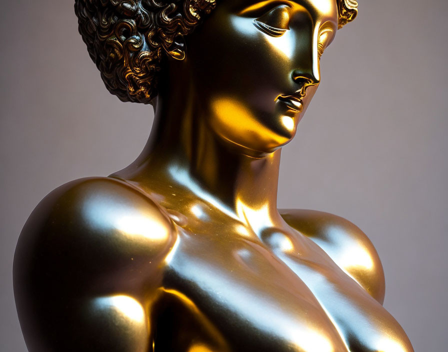 Detailed Golden Statue of Female Figure with Curly Hair