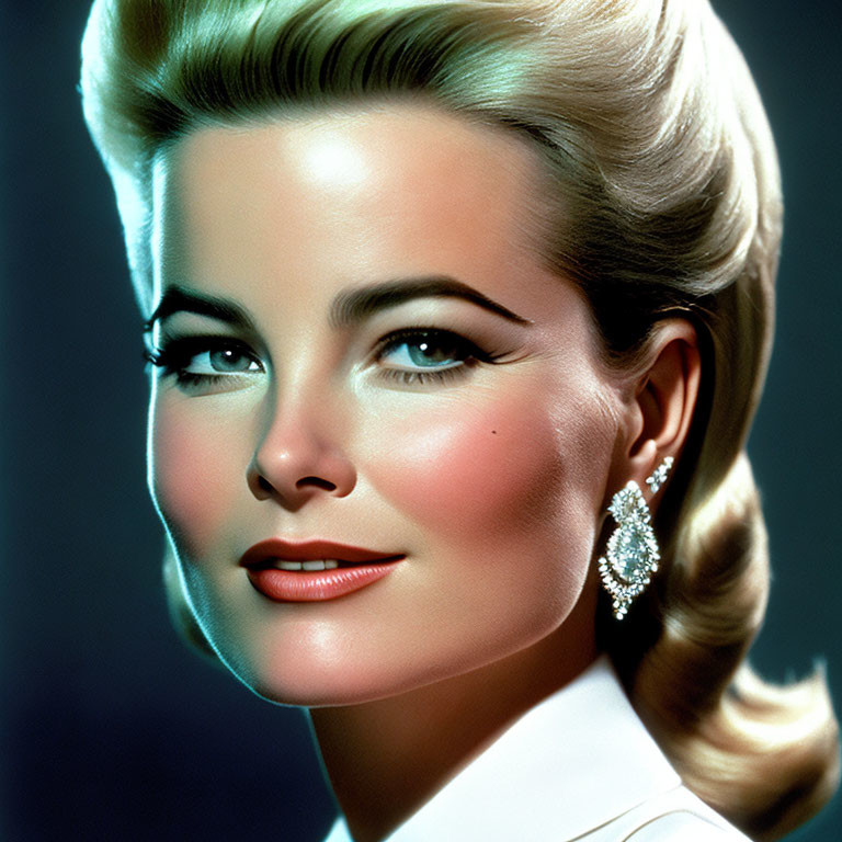 Vintage-style portrait of a woman with bold eyebrows and sparkling earrings