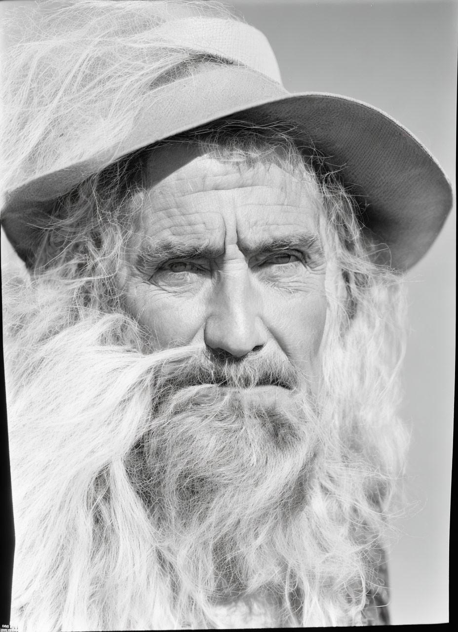 Elderly man with long white beard and hat gazing sideways