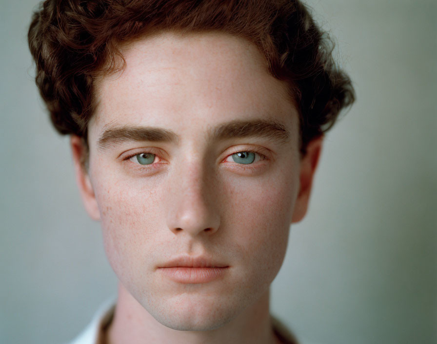 Young man with curly hair, fair skin, and green eyes in close-up portrait.