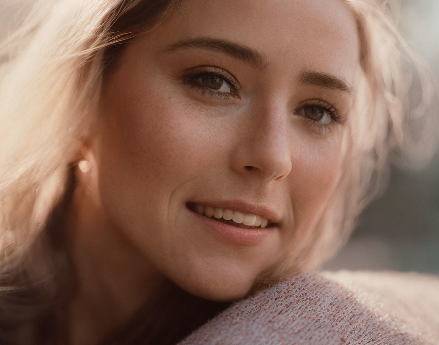 Blonde woman with clear skin and light eyes smiling in soft sunlight