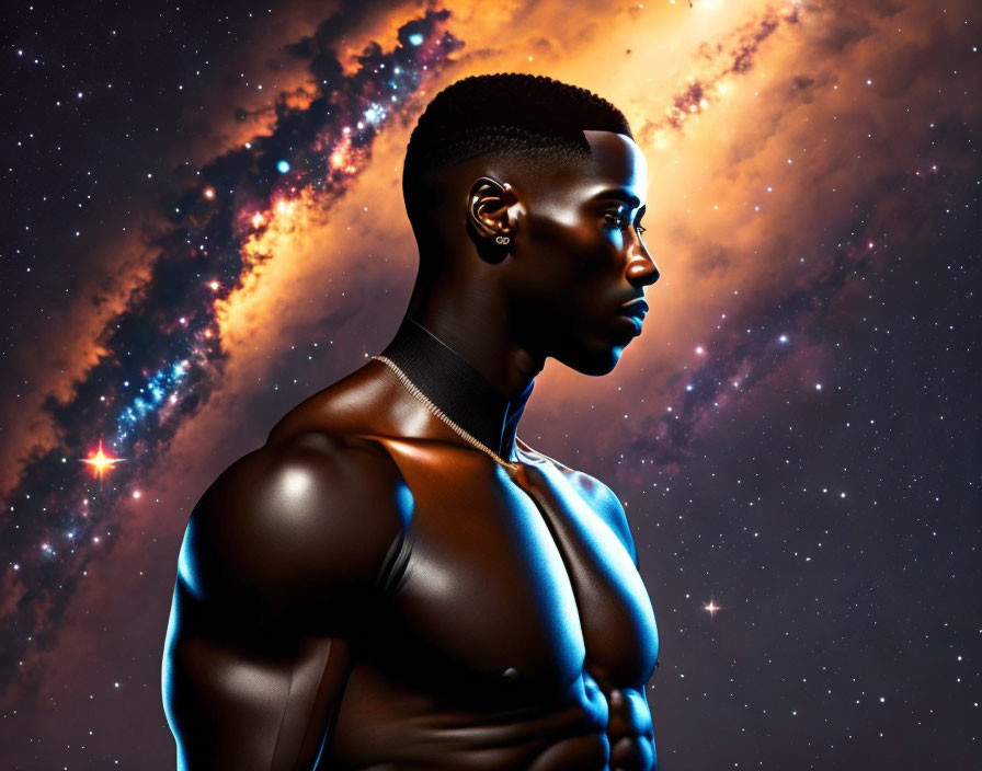 Muscular Man Side Profile Against Starry Background