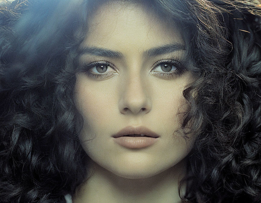 Woman with Voluminous Curly Hair and Striking Eyes